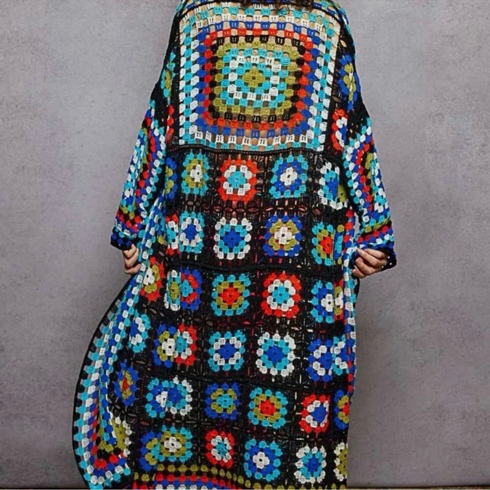788. POL NEW MULTICOLOR CROCHET CARDIGAN SWEATER DUSTER black boho bohemian - Picture 3 of 6